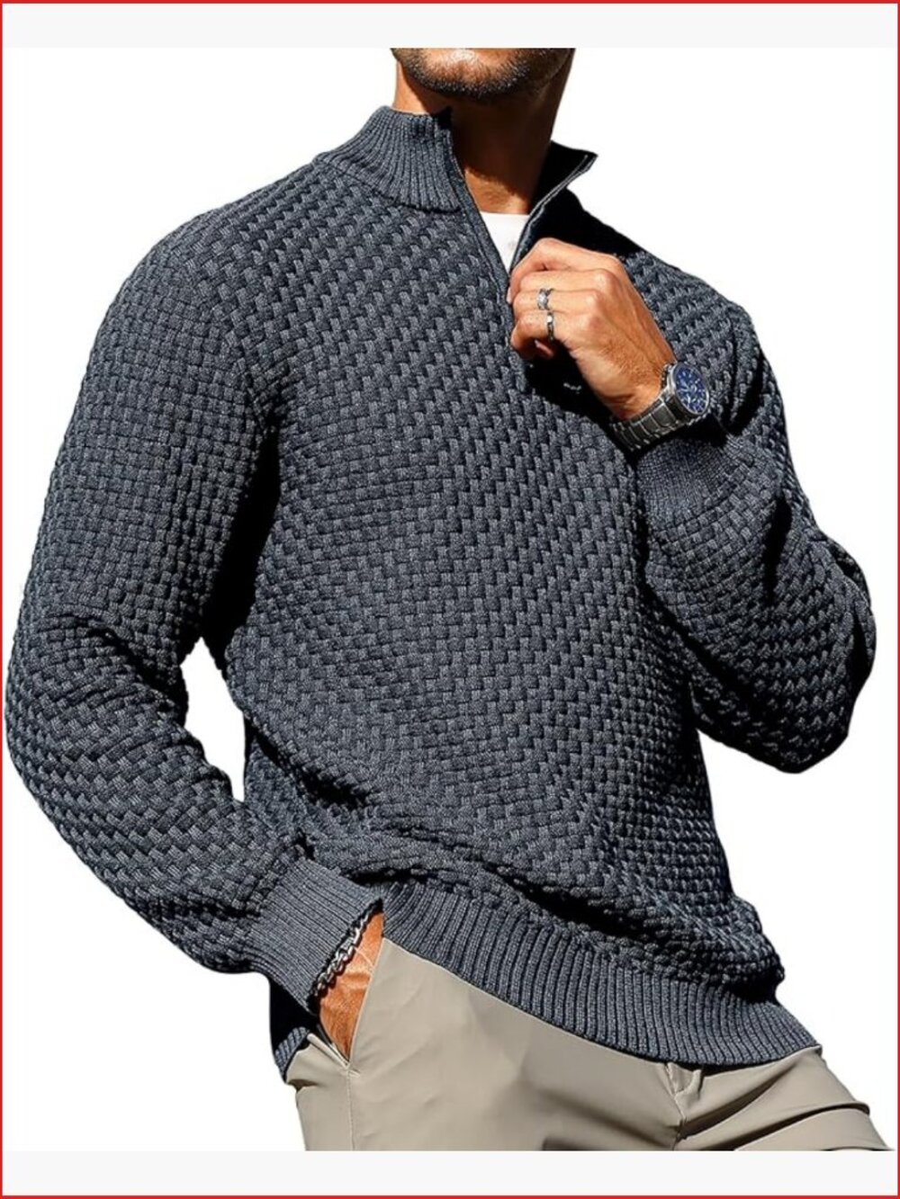 Quarter Zip Mock Turtleneck Sweater Pullover Waffle Knit Long Sleeve Regular
